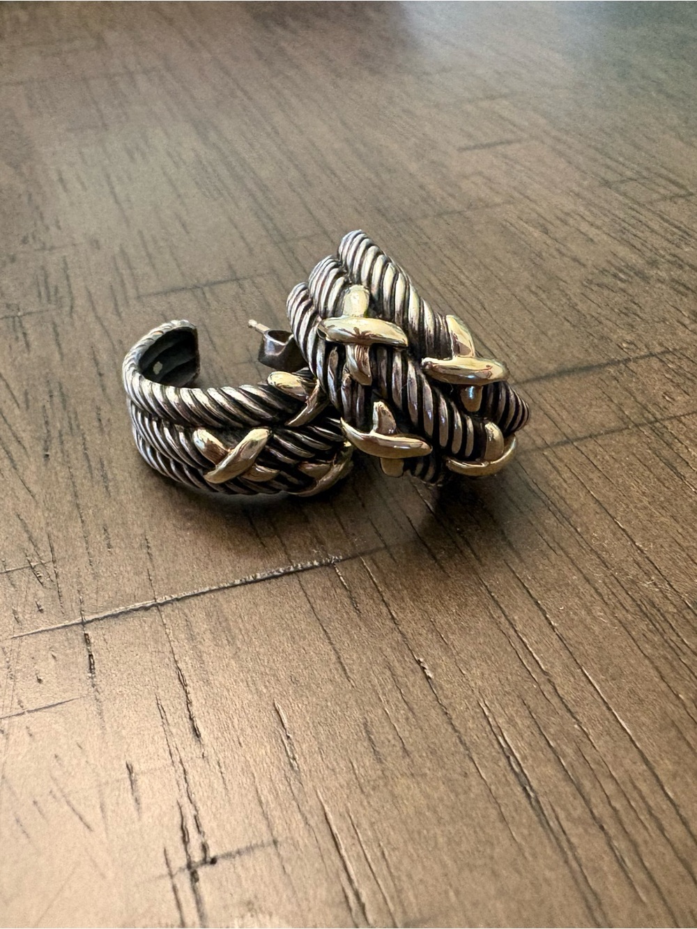 David Yurman Vintage Cable Crossover Hoop Earrings 14K Gold & Sterling Silver